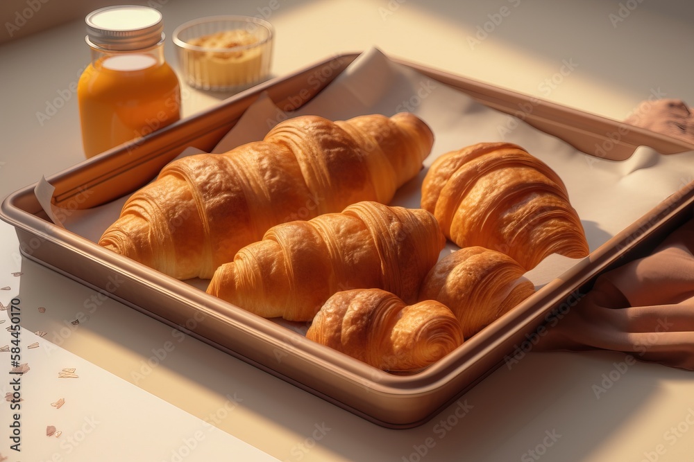  a tray of croissants and a jar of orange juice are on a table with a pair of gloves and a jar of or