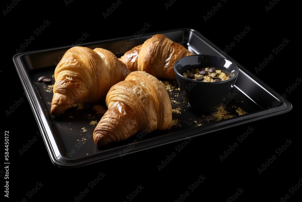  a black tray topped with croissants and a bowl of peanut butter and a black bowl of peanuts on top 