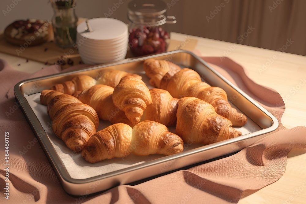  a tray of croissants on a table with a pink table cloth and a vase of grapes in the background and 