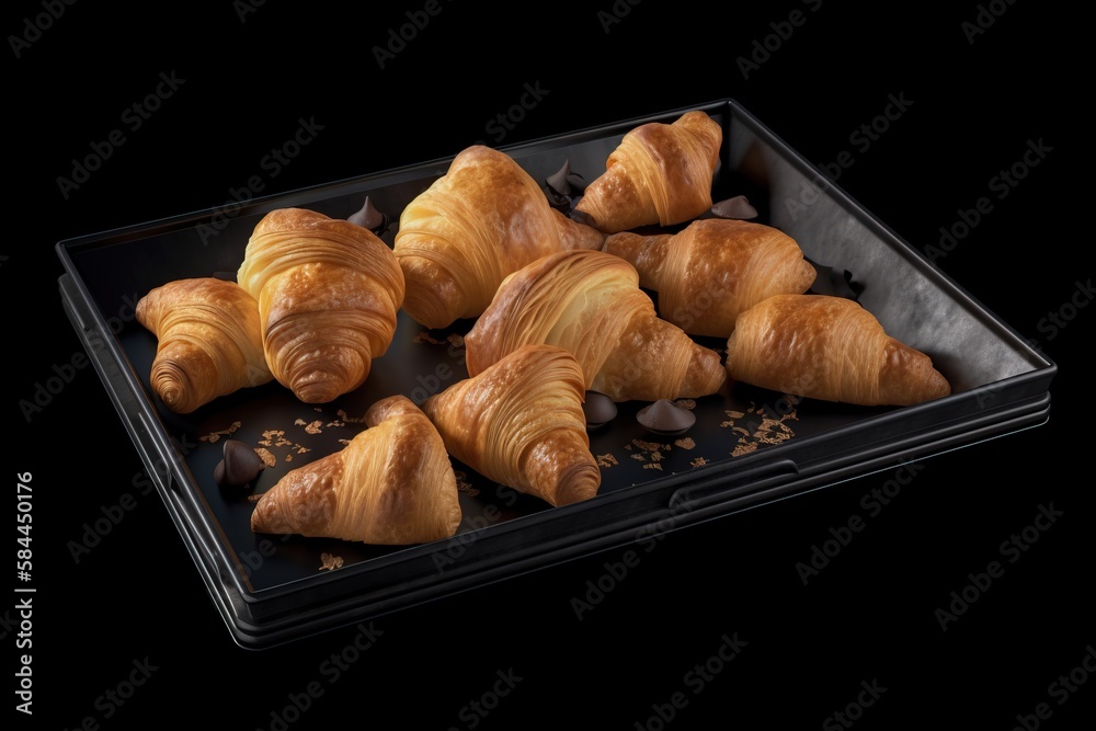  a tray of croissants with chocolate chips on top of them on a black surface with a black background