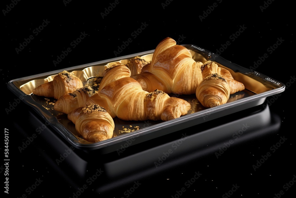  a tray filled with croissants on top of a black counter top next to a black counter top with a blac