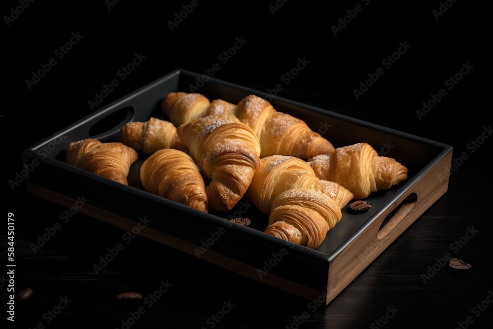  a box of croissants and coffee beans on a black tablecloth with a black background and a few croiss