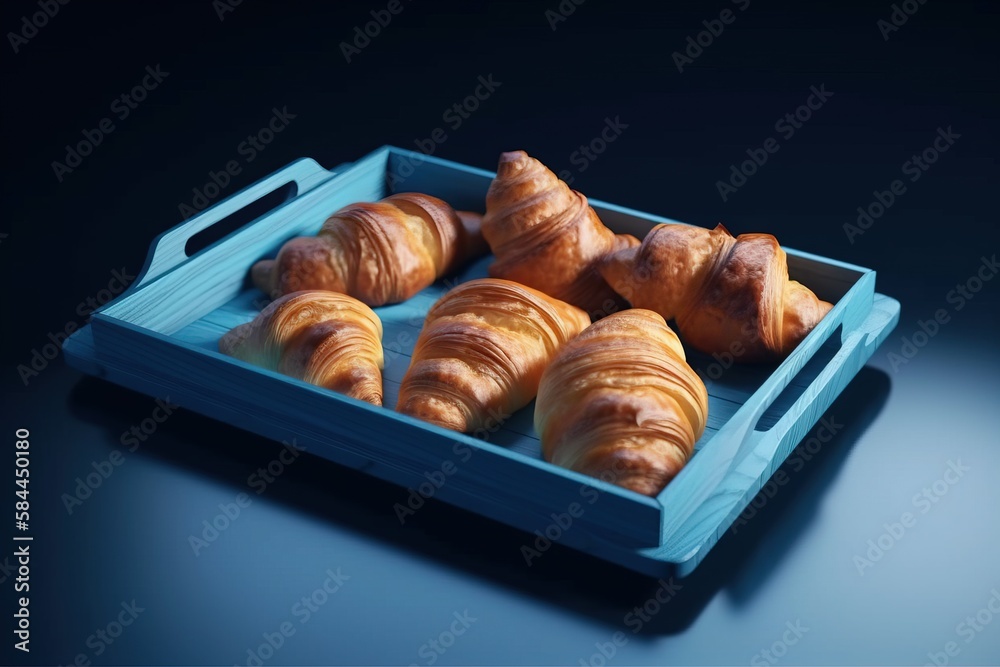  a tray of croissants sitting on a blue tablecloth with a black background and a black background be