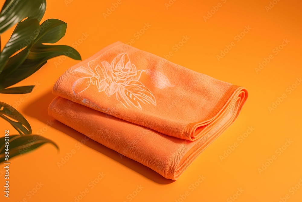  a pair of orange towels sitting on top of a table next to a potted plant on an orange background wi