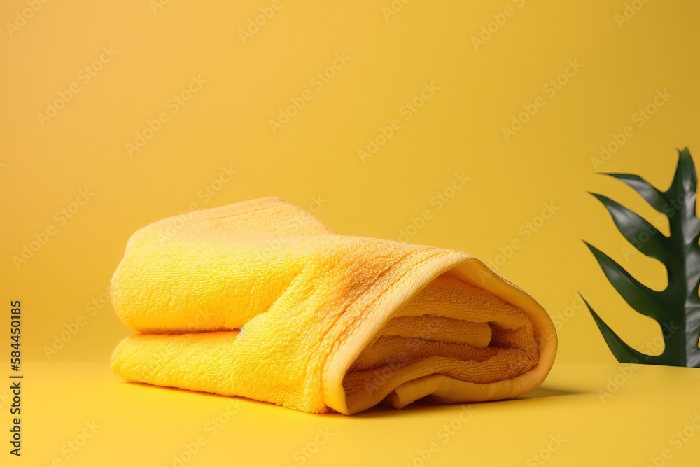  a yellow towel and a green plant on a yellow background with a yellow background and a yellow backg