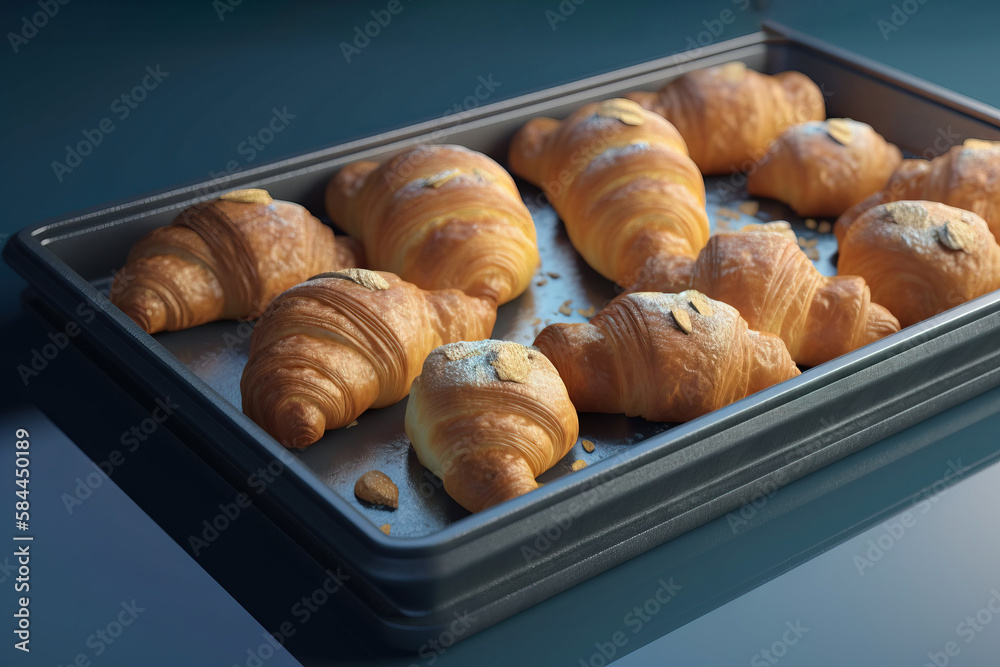  a tray of croissants sitting on top of a table next to a cup of coffee and a glass of water on a ta