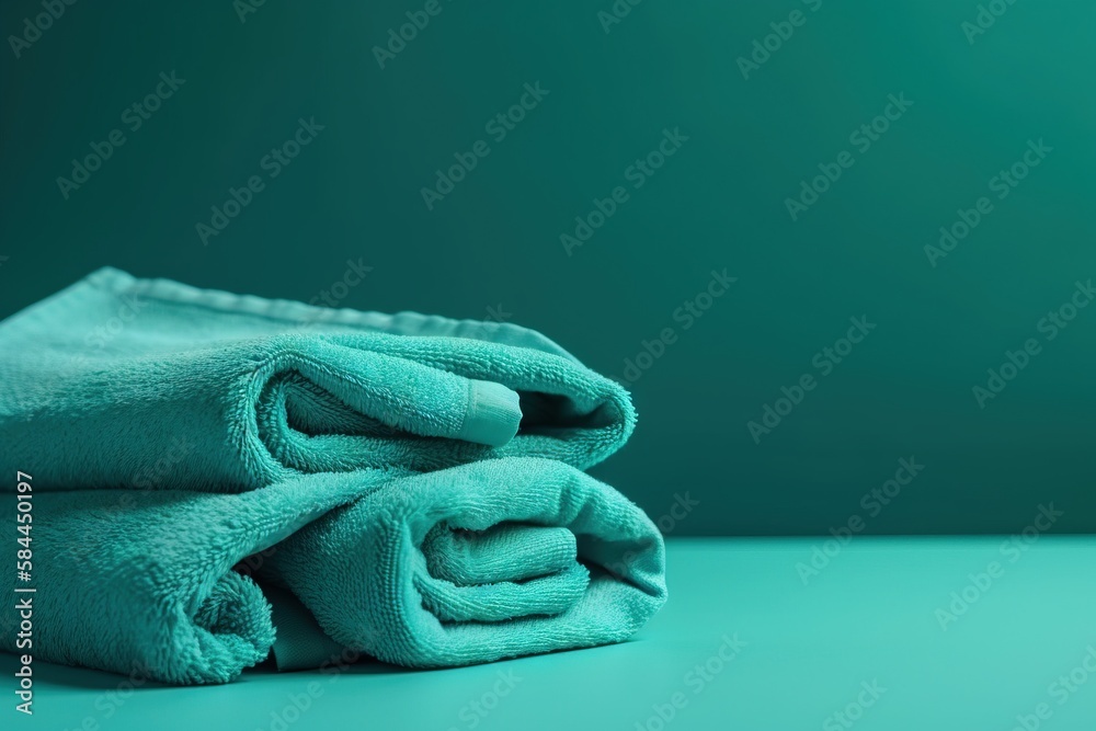  two towels folded on top of each other on a blue tablecloth with a teal green backgrounnd backgroun