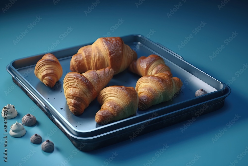  a tray of croissants sitting on top of a blue surface next to shells of sea shells and sea shells o