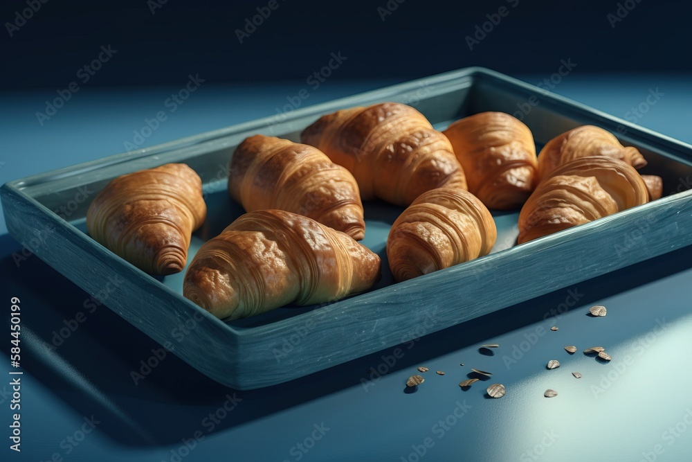  a tray of croissants sitting on a blue surface with seeds scattered around it and a few croissants 