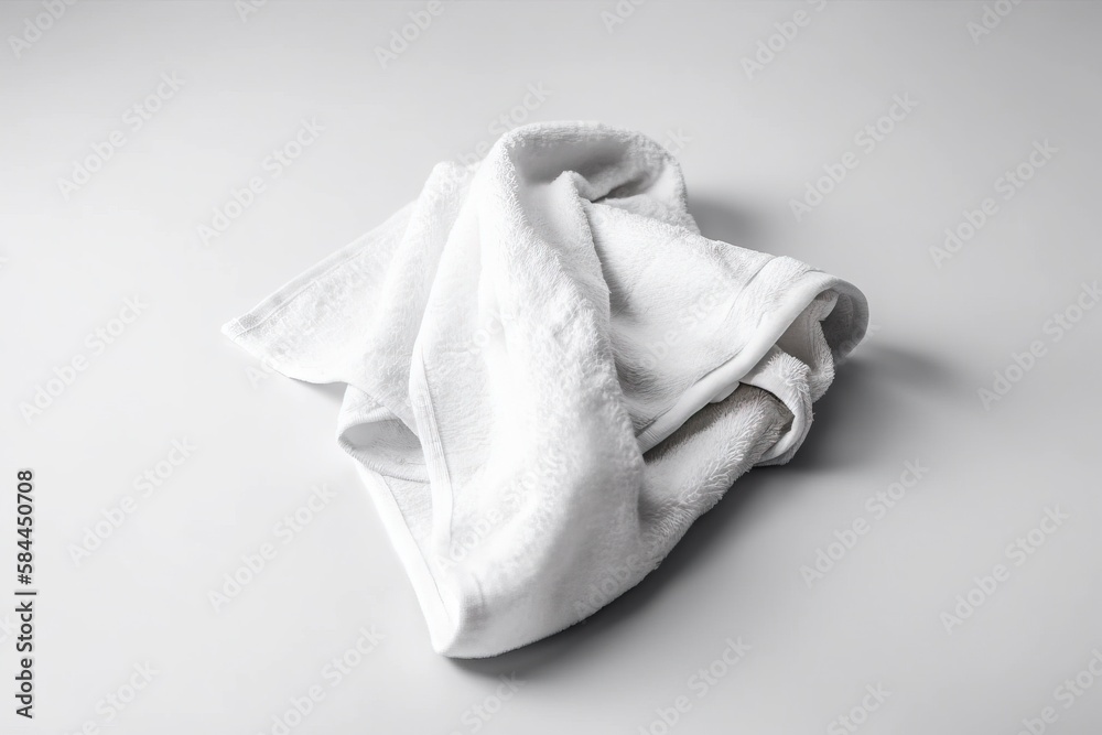  a white towel folded on top of a white tablecloth on a gray surface with copy space for text or ima