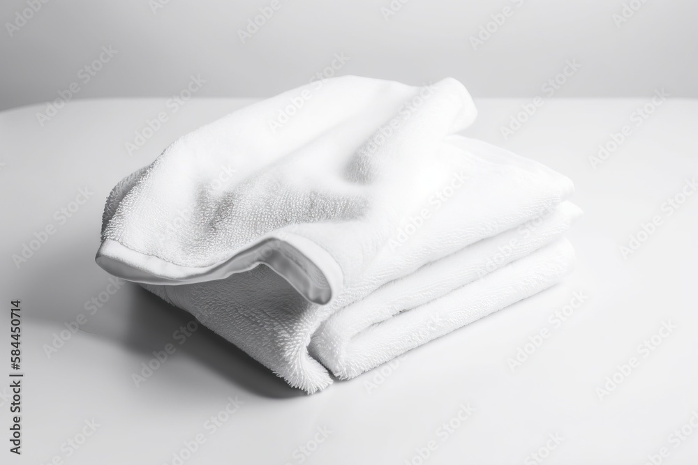  a stack of towels folded on top of each other on a white tablecloth covered table with a white tabl