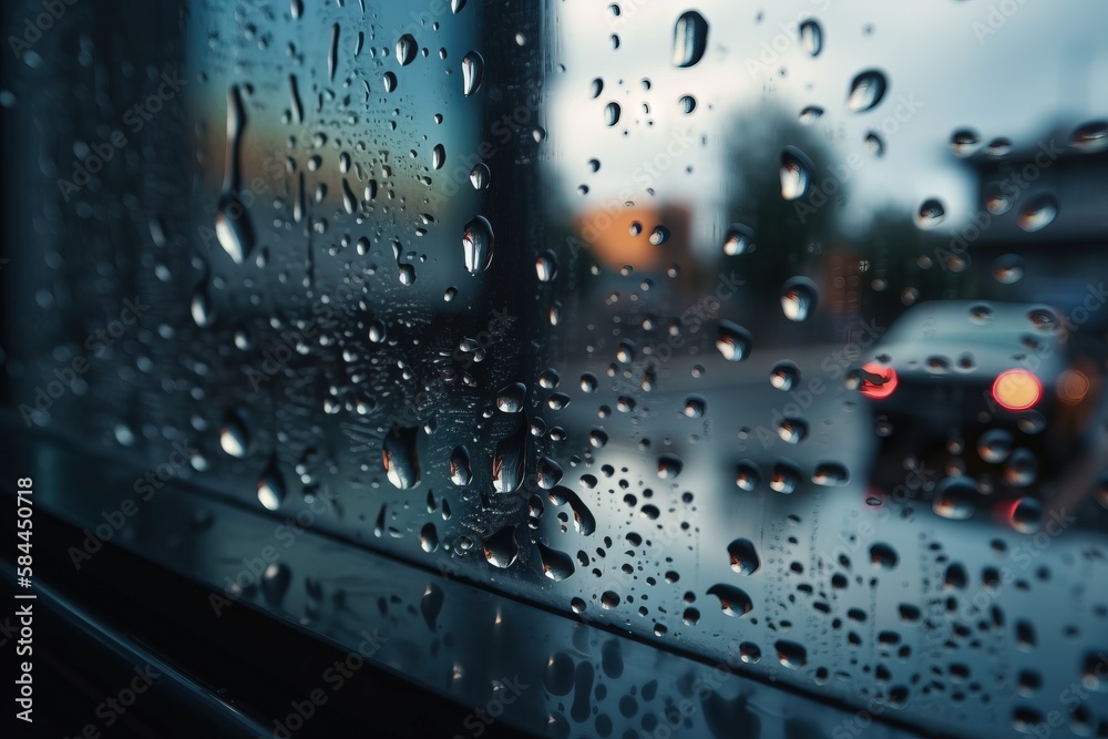  rain drops on a window with a car in the background and a building in the distance in the distance 