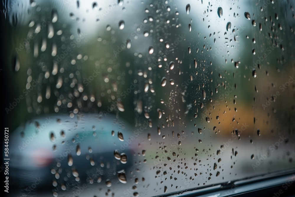  a rain covered window with a car in the background and a blurry street in the background, with cars