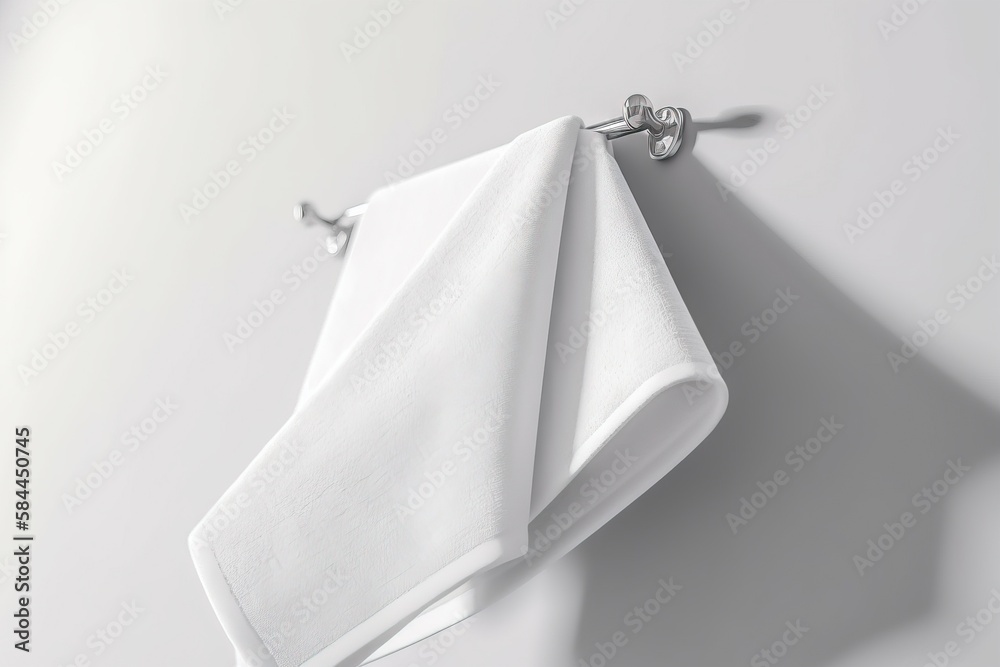  a white towel hanging on a hook on a wall with a shadow of a persons head on it and a white backgr