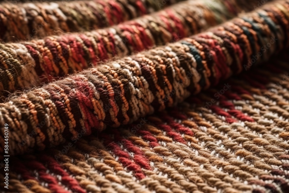  a close up of a knitted blanket with a red, brown, and green stripe pattern on its side and a blac