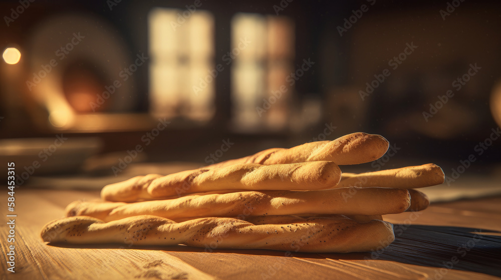 Golden bread sticks baked in rustic kitchen Illustration AI Generative.