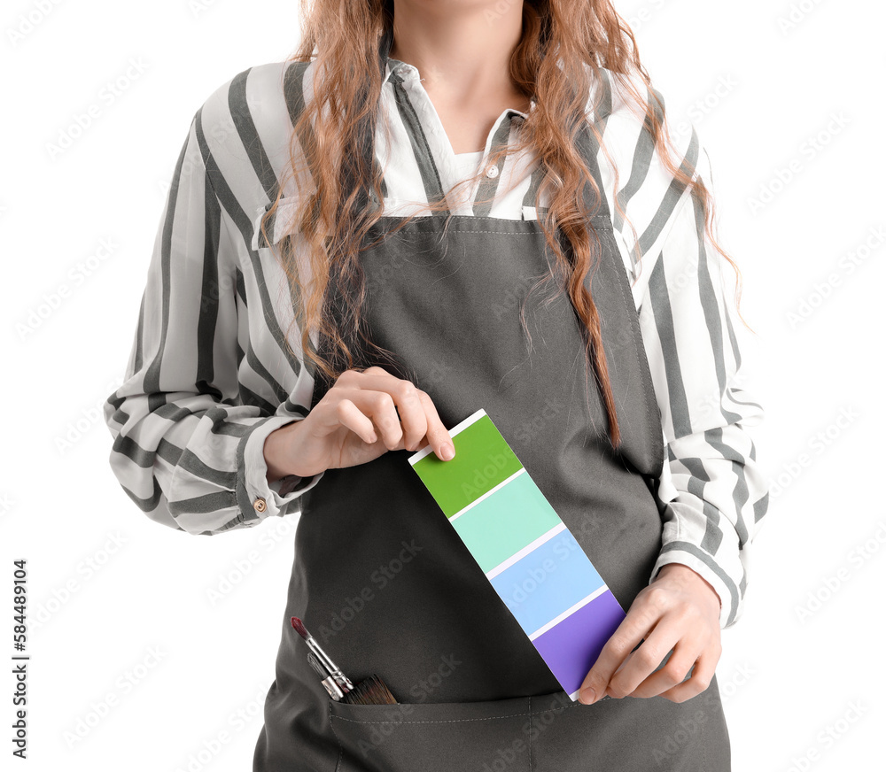 Female artist with paint color palette on white background, closeup