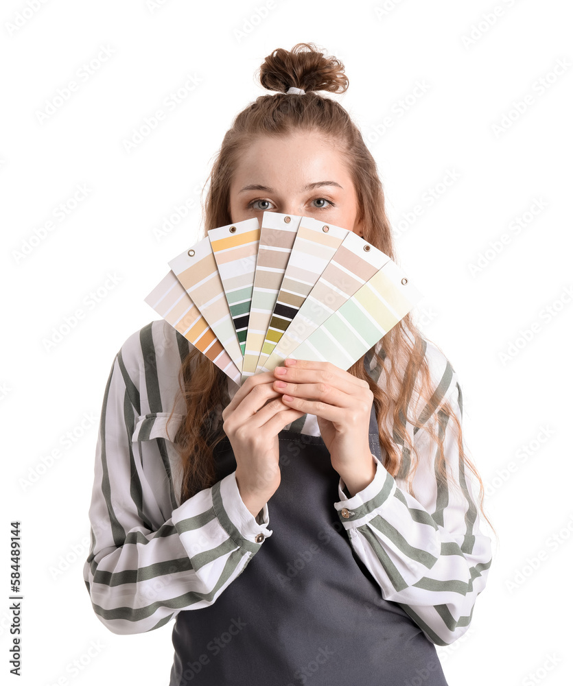 Female artist with paint color palettes on white background