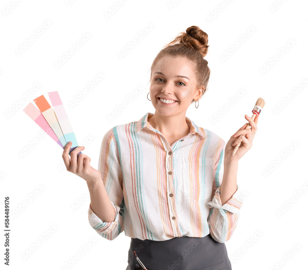 Female artist with paint color palettes and brush on white background