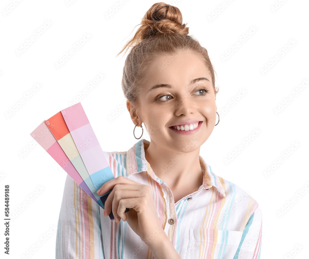 Female artist with paint color palettes on white background, closeup