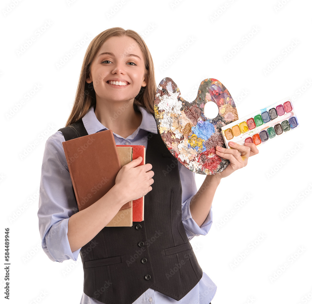 Drawing teacher with books, palette and paints on white background