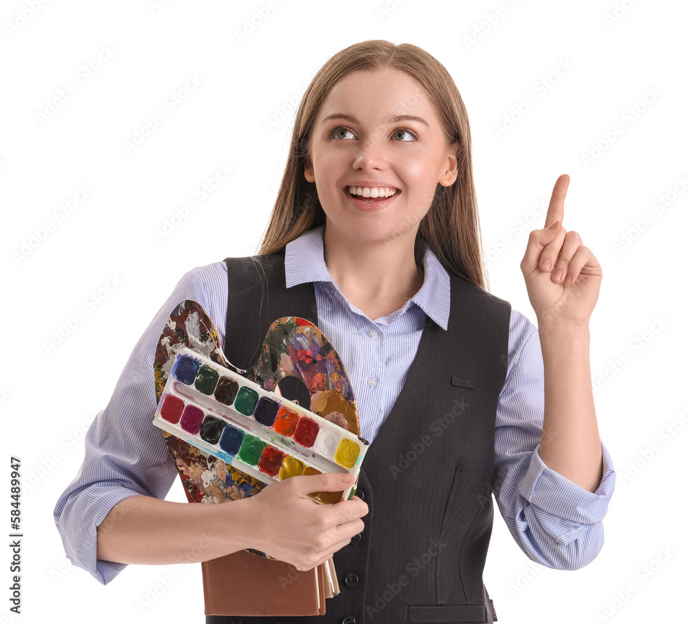 Drawing teacher with paint palette and books pointing at something on white background