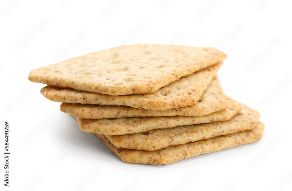 Stack of tasty crackers isolated on white background