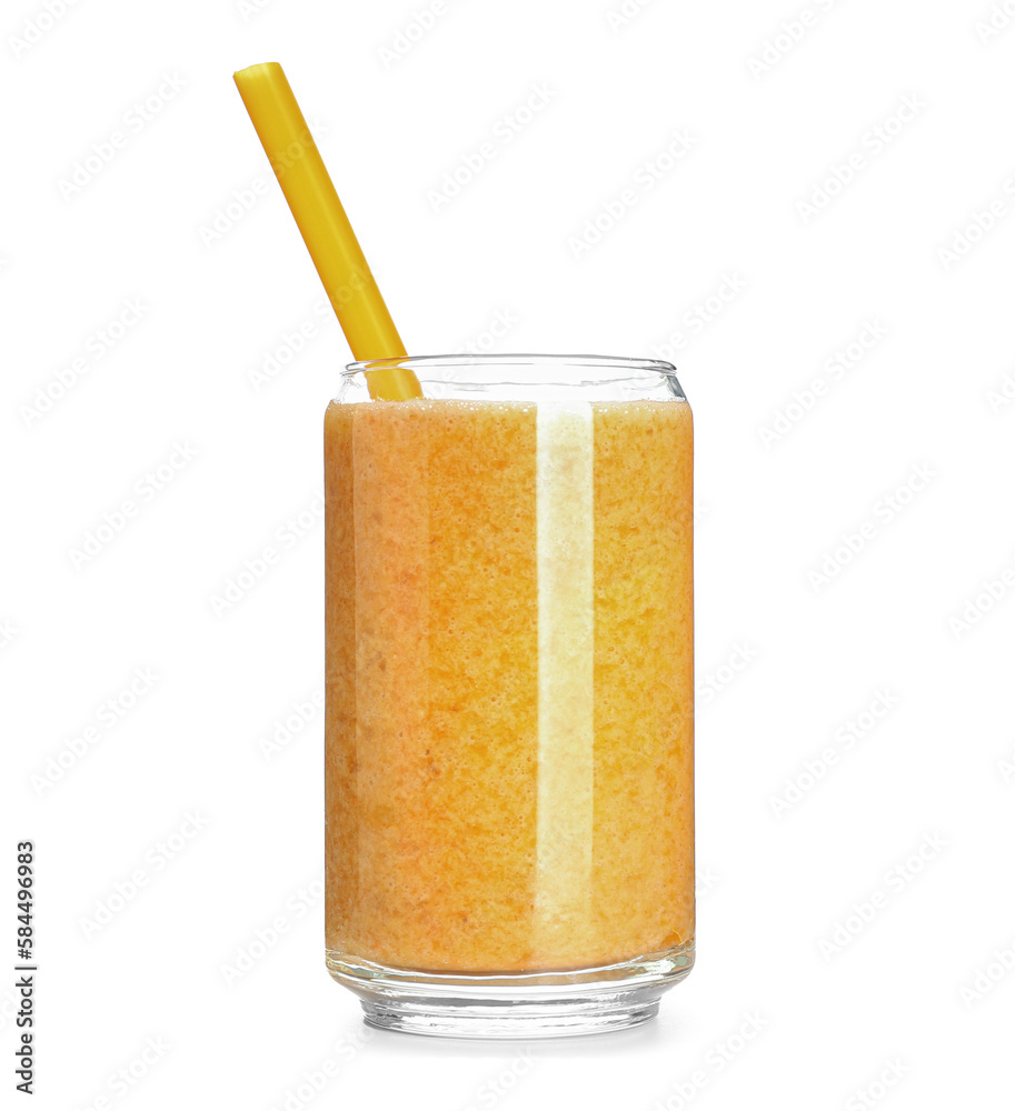 Glass of healthy orange smoothie isolated on white background