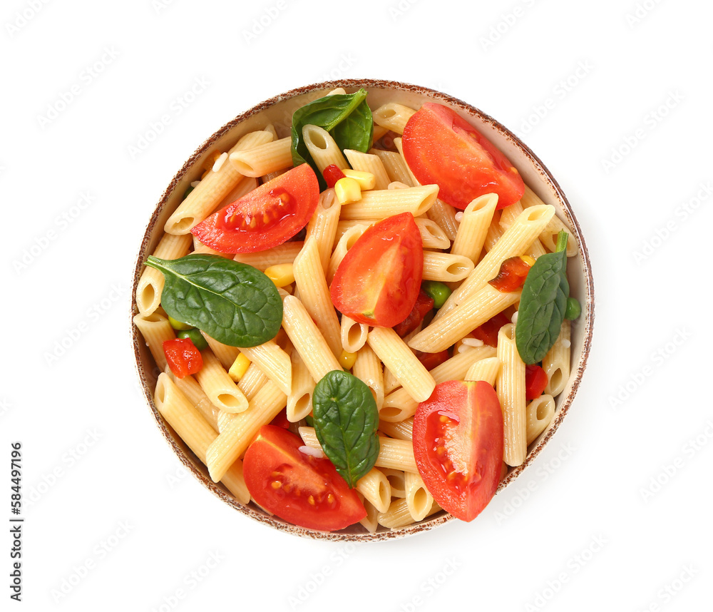 Bowl with tasty pasta salad on white background