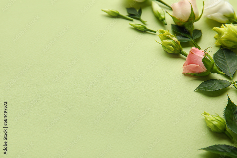 Composition with eustoma and rose flowers on color background