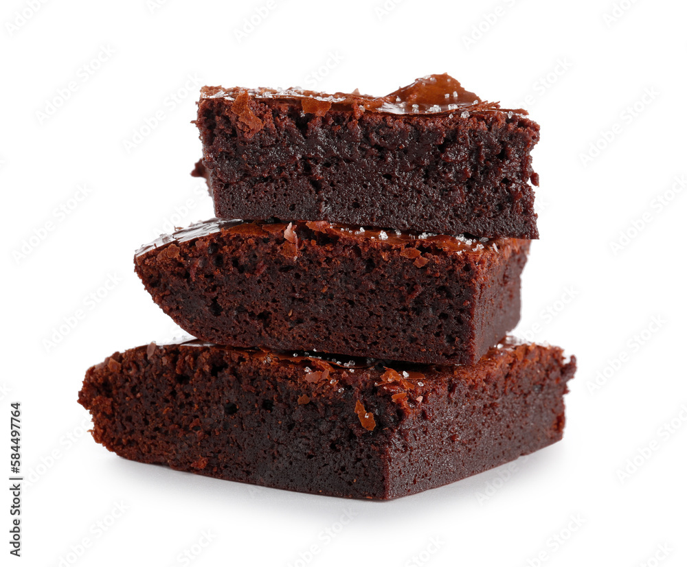 Pieces of tasty chocolate brownie isolated on white background