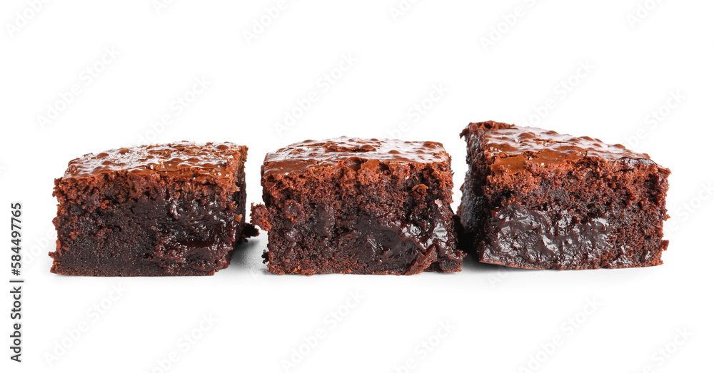 Pieces of tasty chocolate brownie isolated on white background