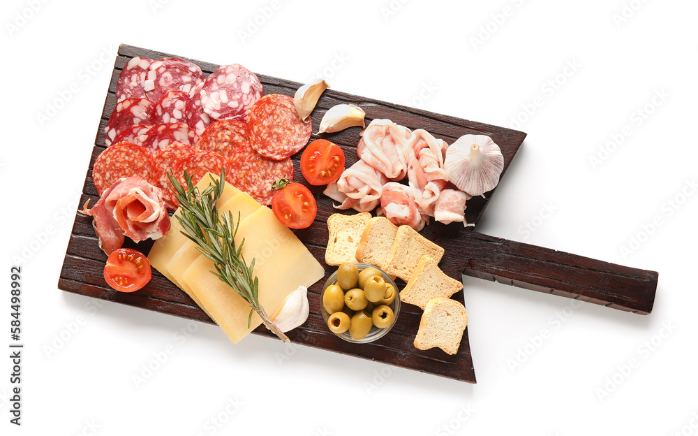 Wooden board with assortment of tasty deli meats and cheese isolated on white background