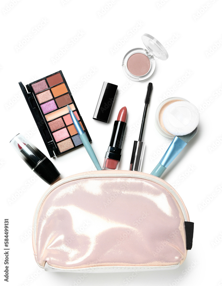 Set of different cosmetics with bag on white background