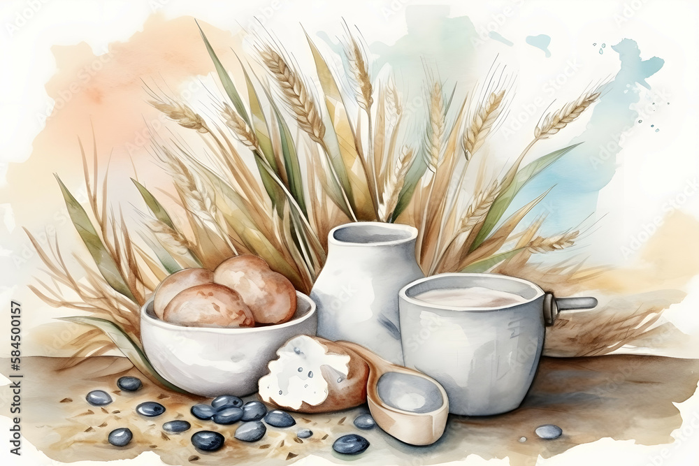 Cooking ingredients, natural products Bowl of flour, broken egg, ears of wheat and jug of milk on th