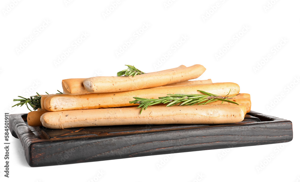 Wooden board with tasty Italian Grissini on white background