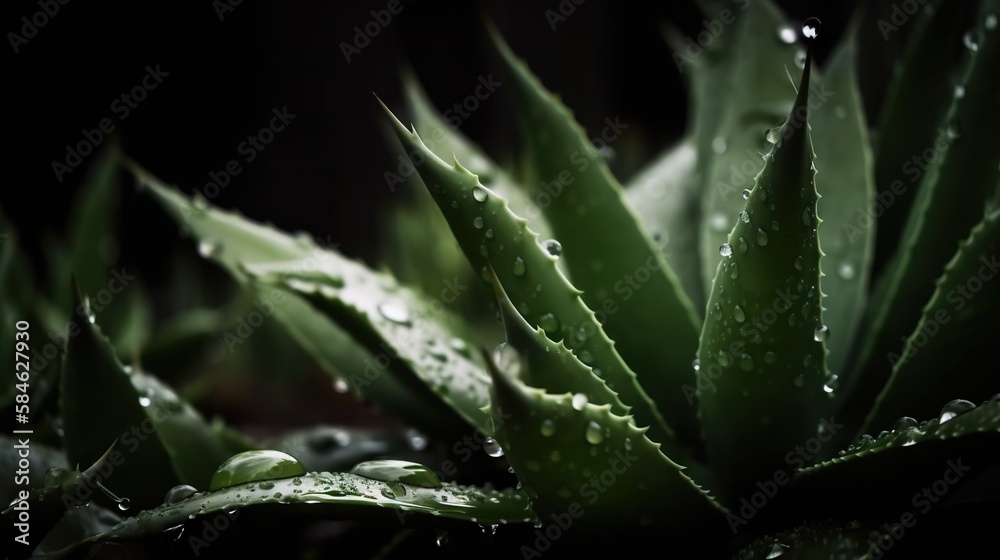 Closeup of aloe tropical plant leaves with rain drops. Green natural backdrop. Generative AI