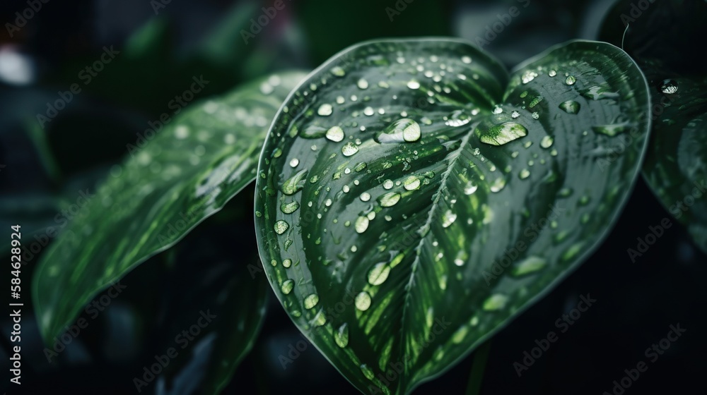 Closeup of Dumb cane tropical plant leaves with rain drops. Green natural backdrop. Generative AI