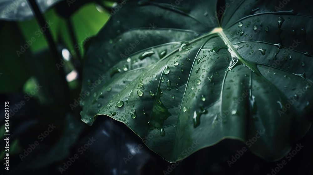 Closeup of Alocasia tropical plant leaves with rain drops. Green natural backdrop. Generative AI