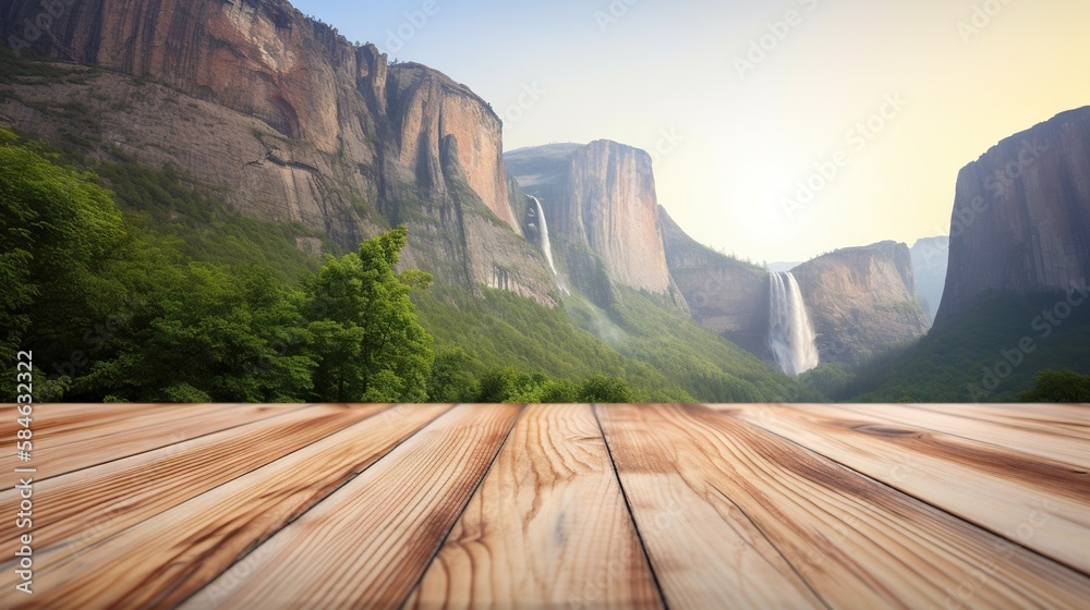 Wood table mockup with high mountains on background. Empty copy space for product presentation. Gene