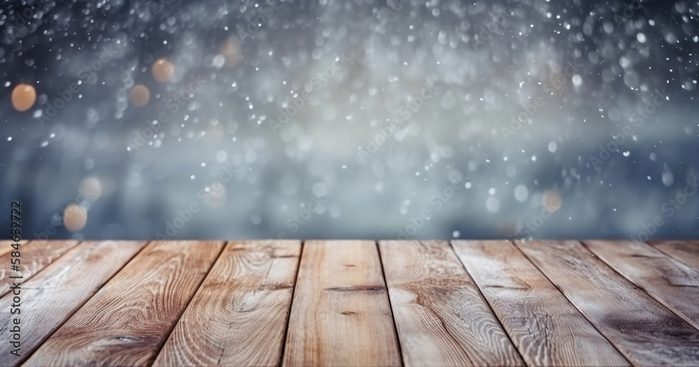 Wood table mockup with falling snow on background. Empty copy space for product presentation. Genera