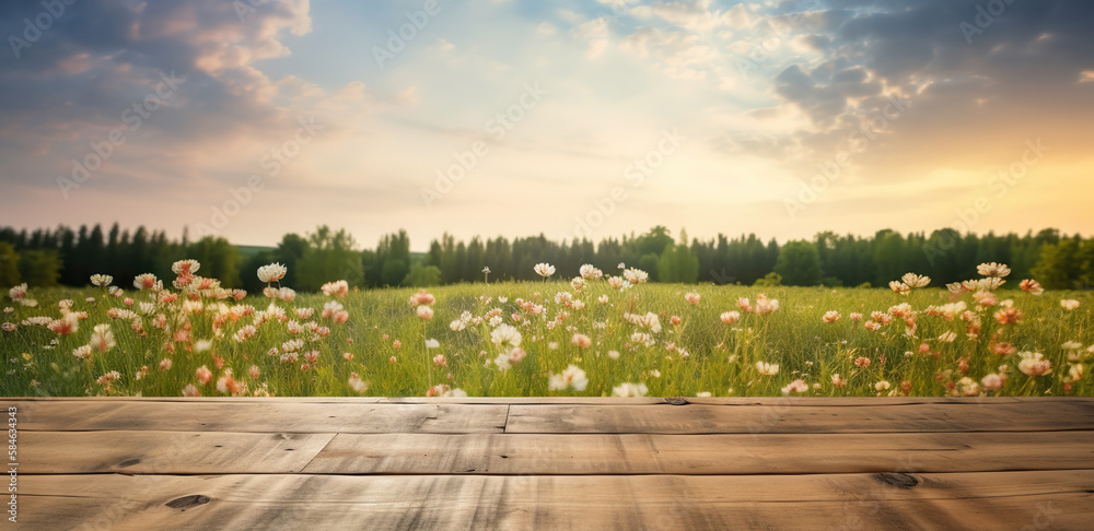 Wood table mockup with flowering spring meadow on background. Empty copy space for product presentat