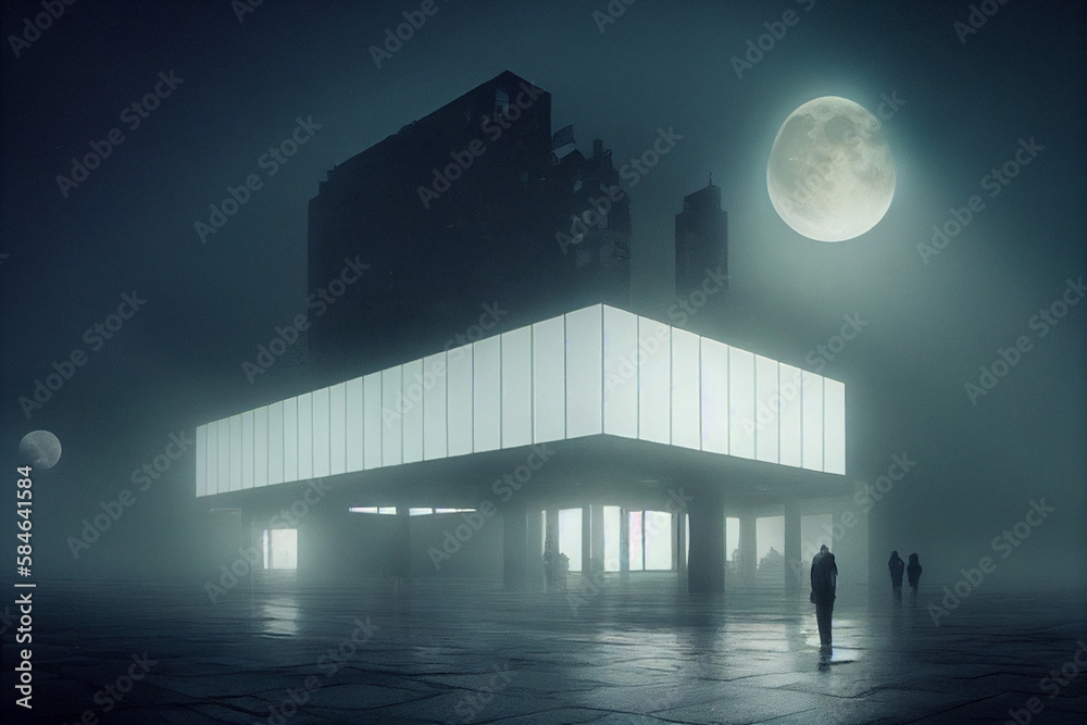 Creative illustration of buildings in fog