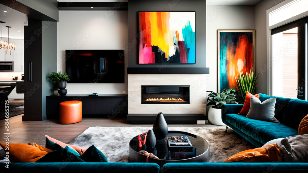 A modern living room with molding painting art, fireplace, sofa, chair and a wall-mounted TV, genera