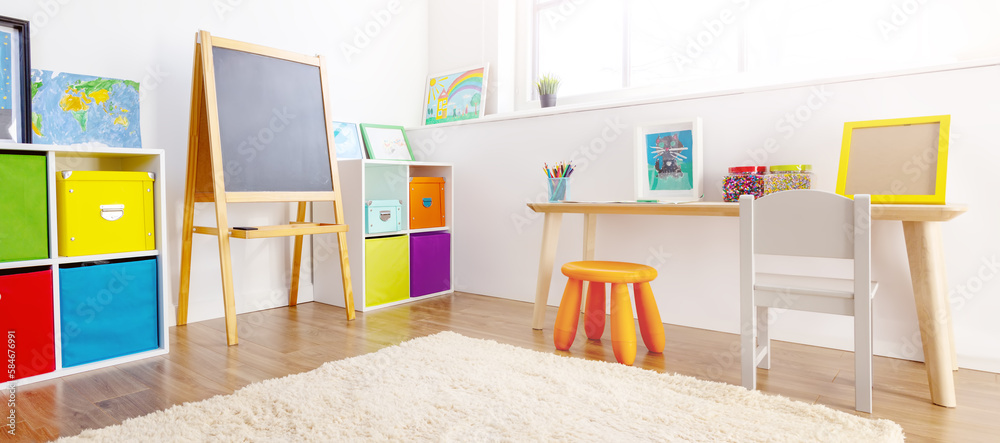 Comfortable room with colourful furniture in sunny day.