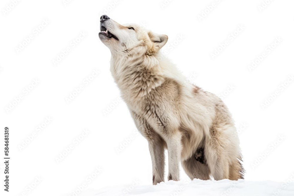 Arctic wolf howling in the cold, isolated on a white background. Generative AI