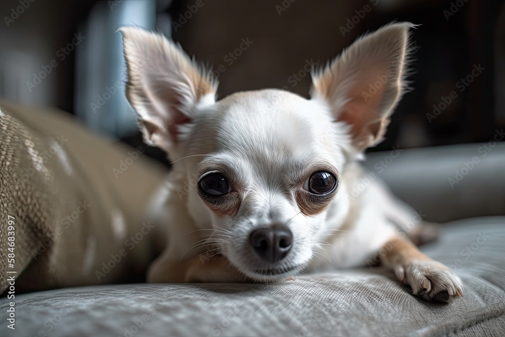 At home, a cute chihuahua pet is sprawled out on the couch. Copy space daily existence of an animal.