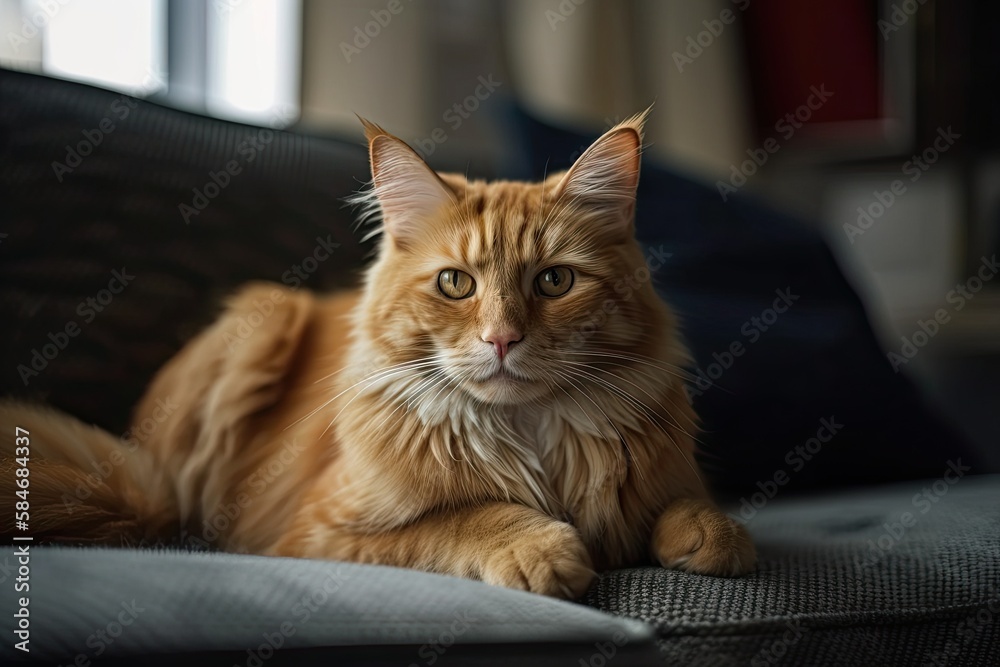 Cute red cat lying on pillows in living room. Generative AI