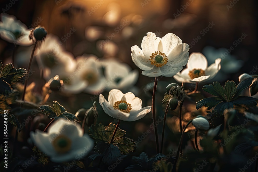 Beautiful anemone flowers on a dark evening in the macro close up light of the setting sun. Beautifu