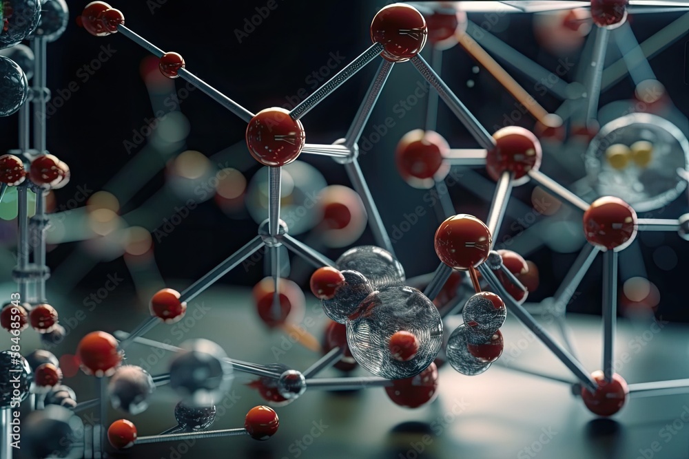 Atom, DNA, and molecular models in a science research lab. Generative AI